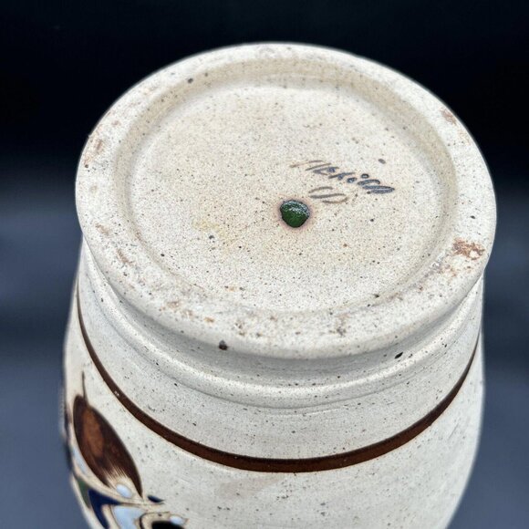 Vtg Tonala Mexican Pottery Vase Owl Floral Sandstone Folk Art Mexico Signed Lrg - Picture 7 of 9